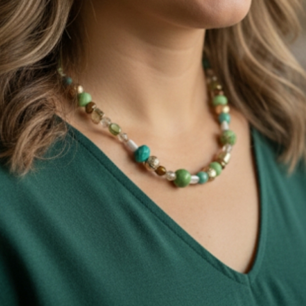 Green & Gold Beaded Necklace Glass Shell Acrylic Pearl Stone Floral Abstract